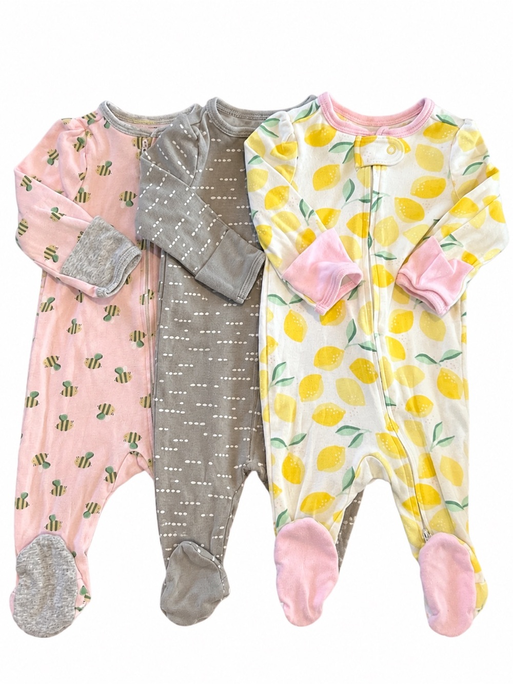 Cloud Island Baby 3-Pack Footed Zip Sleepers 0–3M Bees Lemons Gray